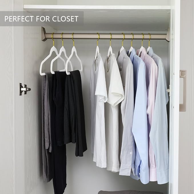 MIZGI Premium Velvet Hangers Pack 50 Pcs Heavyduty - Non Slip Slimline - Velvet Suit Hangers White - Gold Hooks,Space Saving Clothes Hangers