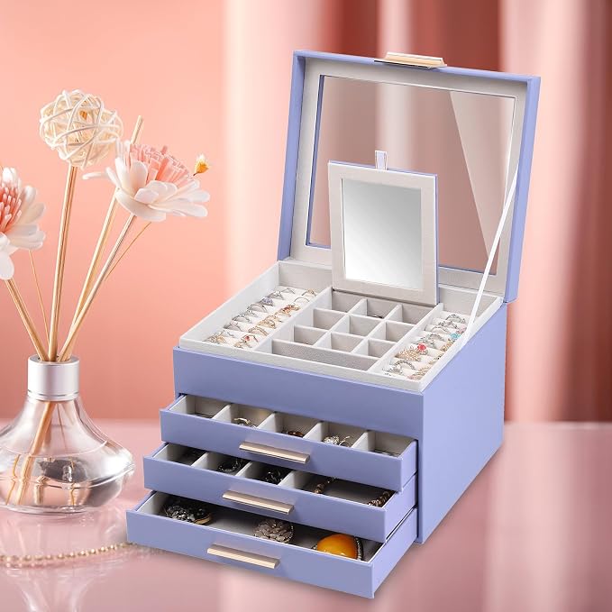 BOOVO Clear Lid Jewelry Box,3 Layers Jewelry Organizer Large Jewelry Storage Box with 2 Drawers,Jewelry Holder Organzier of Rings Earrings Necklace Bracelets for Women (Purple, 4 Layer)