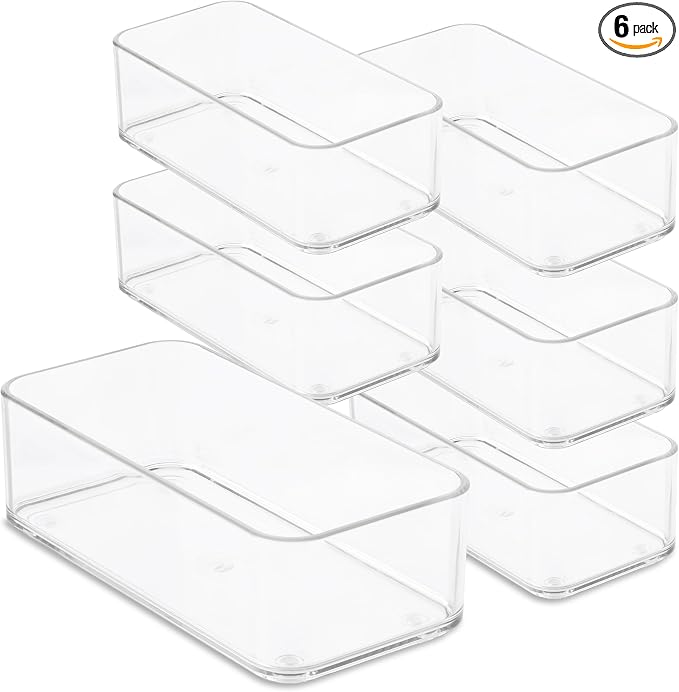 primebox Plastic Clear Drawer Organizers. Bathroom, Kitchen, Bedroom, Nail Polish, Office Organizer Bins, Storage Trays. Heavy Duty, Stackable. 6" x 3" x 2" Set of 6