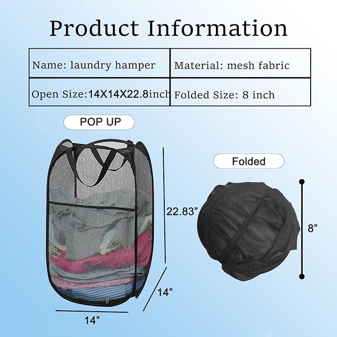 Pack of 2 Pop Up Mesh Laundry Hamper for Cruise, Collapsible Laundry Basket Space Saving, Large Side Pocket, Easy to Carry Handles