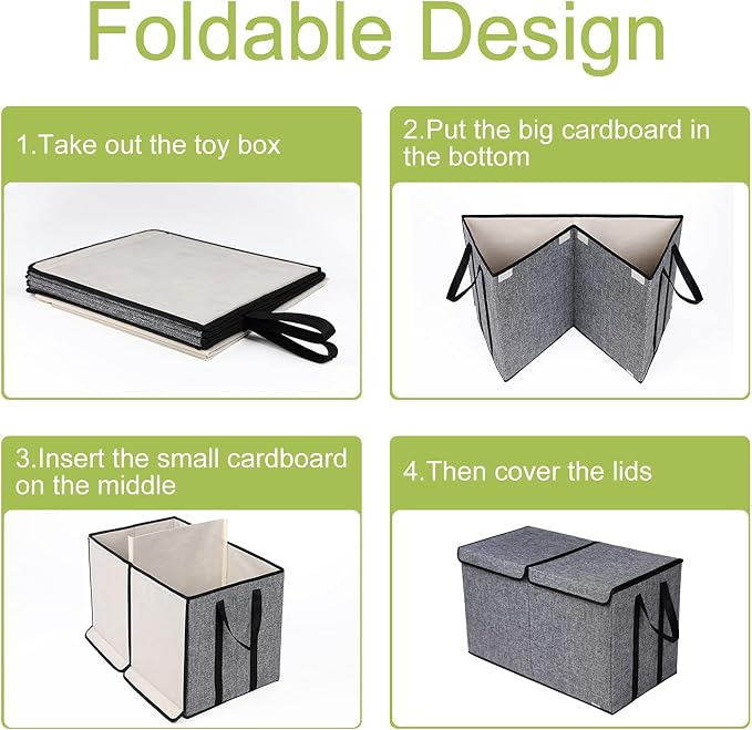 YOLOXO Large Kids Toy Box Chest Storage organizer with Double Flip-Top Lid - Collapsible Sturdy Toy Organizers And Storage Bins With Big Handles For Nursery, Playroom, 26.8"x13.8"x16"(Grey)