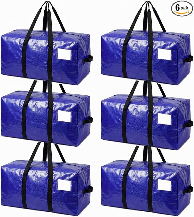 6 Pack Moving Bags Heavy Duty, Extra Large Storage Totes Bag with Zippers and Sturdy Handles, Packing Bags for Moving, Storage, Travel, Space Saving, Moving Boxes College Essentials Blue