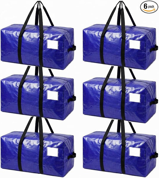 6 Pack Moving Bags Heavy Duty, Extra Large Storage Totes Bag with Zippers and Sturdy Handles, Packing Bags for Moving, Storage, Travel, Space Saving, Moving Boxes College Essentials Blue
