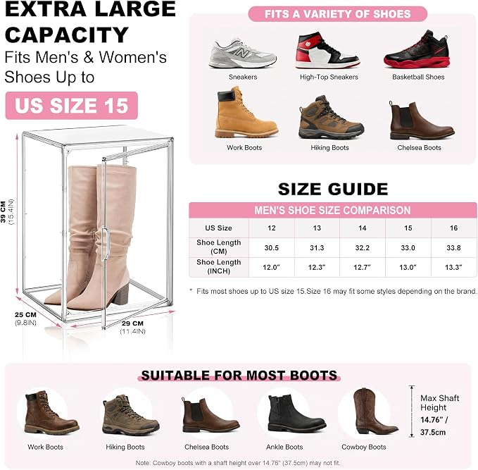 5 Pack Tall Boot Storage Box, XX-Large Clear Acrylic Shoe Storage Boxes, Fits Men's & Women's Shoes Up to Size 15, Stackable Shoe Organizer for High-Tops Sneakers, Hiking Boot, Cowboy Boot