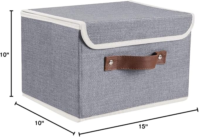 2Pack Storage Bins Boxes with Lids 15"x10"x10" Decorative Storage Baskets | Cotton Linen Fabric, Collapsible, Faux Leather Handles, Storage Cubes, Closet Shelf Clothes Organizer Container, Grey