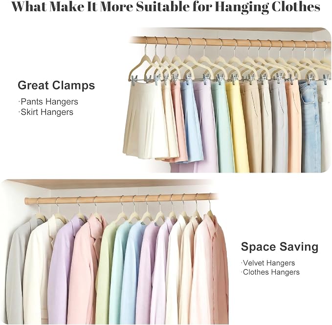 HOUSE DAY Velvet Skirt Hangers 36 Pack, Beige Hangers with Adjustable Clips | Space Saving Slim Felt Pant Hanger, Heavy Duty Shorts Hanger, Non Slip Clip Hangars for Pants, Skirts, Shorts, Outfit