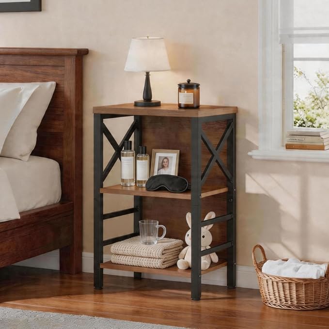 MNEETRUNG Book Shelf, Small 3-Tier Industrial Bookshelf with Strong Metal Frame & Backboard, 15.7" Short Bookcase for Small Spaces, Living Room, Bedroom and Home Office, Brown