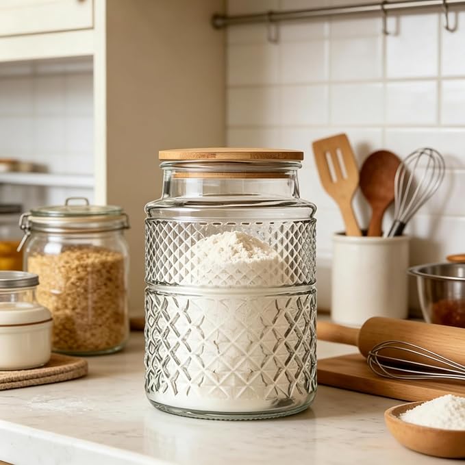 Large Glass Storage Jar, 60 FL OZ Glass Food Storage Containers with Bamboo Lid, Kitchen Containers Cereal Canisters Decorative Jar for Candy Snack Cookies Coffee Tea Nuts Airtight Jars