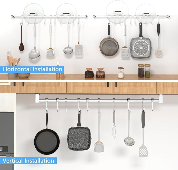 Audmore Kitchen Utensil Rack 2 PCS, 20.9” Pot & Pan Hanging Rack Wall Mount | 304 Stainless Steel Lid Cooking Utensil Hanger, 10 Sliding Hooks for Spatula Spoon, Measuring Cups, Coffee Mug, Space Saving