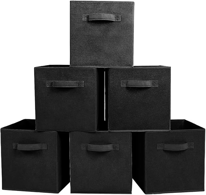 PowerKing Collapsible Storage Cubes with Handles, Fabric Foldable Bins for Closet Shelves, Durable Organization Storage Bins, 10.5'' x 11'' x 10.5'', 6 Pack, Black