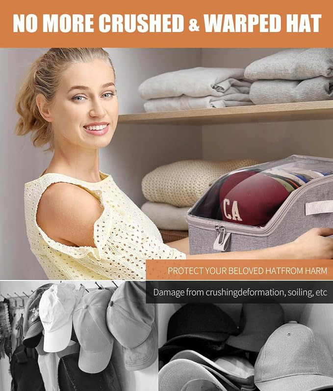 Livelab Hat Organizer for Baseball Caps, Hat Storage Box, Beige | 1Pcs | Clear Window, Space Saving and Easy to Store