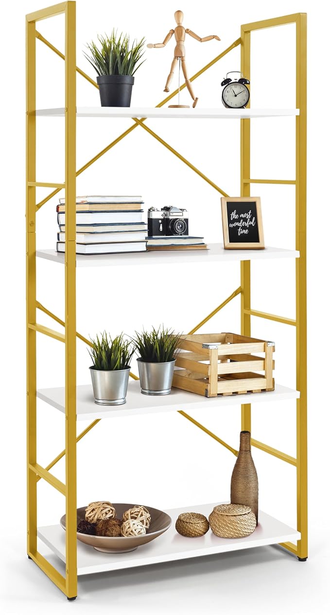 CAPHAUS 4 Tier Bookshelf, Bookcase Shelf Storage Organizer, Living Room, Kitchen, 24 Inch Width Free Standing Shelf, Industrial Book Shelves for Home Office, White Wooden Shelves & Gold Frame