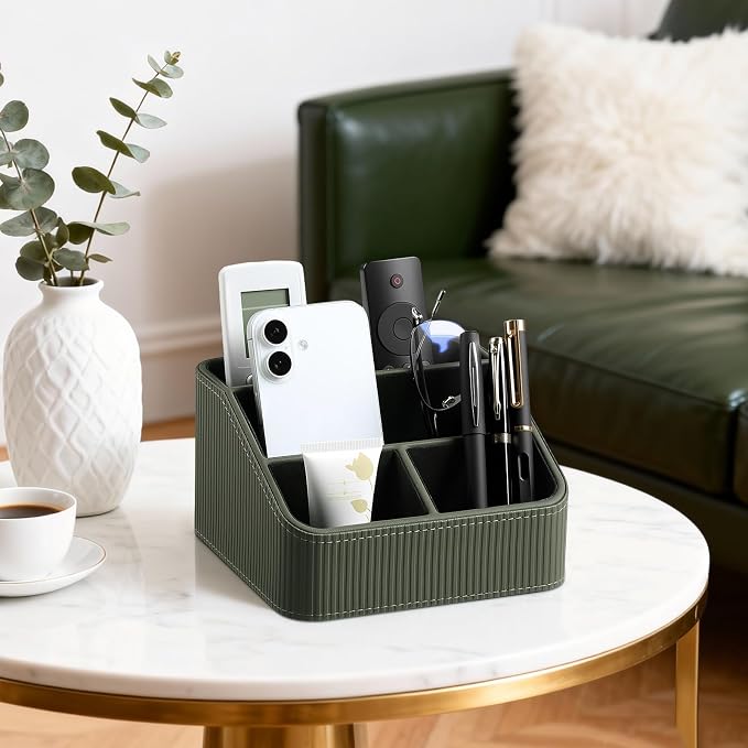 Remote Control Holder with 4 Compartments, PU Leather Small Nightstand Organizer for Home Desk Accessories Office Supplies, Multifunctional Stylish Small Bedside Desktop Organizers (Green)