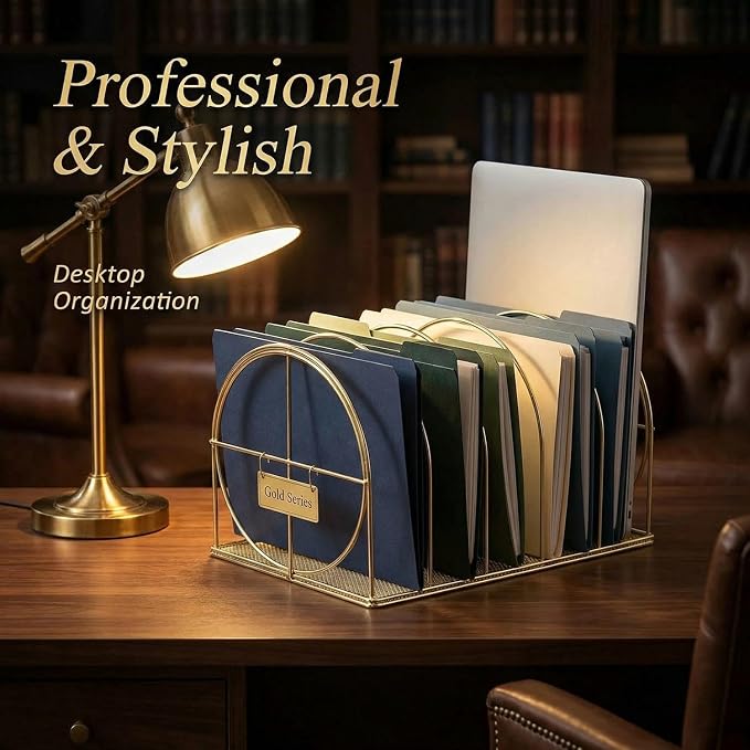 File Sorter Organizer, 5 Section Magazine Holder Rack, Desktop Round Wire Book Stand for Mail, Paper, Document, Folder, Record and Desk Accessories, Gold