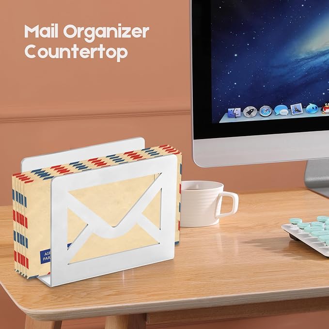 Desktop Metal Mail Holder,Letter Organizer for Desk (White) | Modern,Cutout Envelope Design,Envelope and Document Storage Rack for Home and Office
