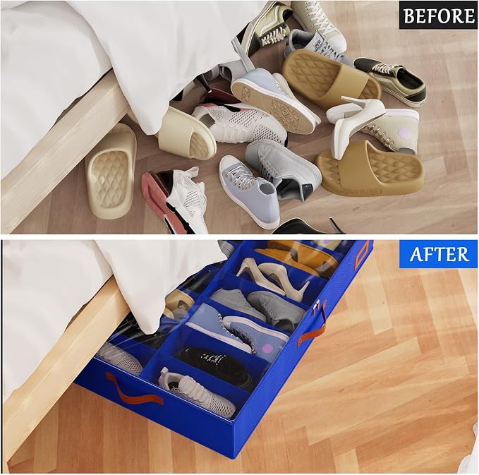 homyfort Under Bed Shoe Storage Organizer, Underbed Shoes Storage Containers, set of 2, fits up to 32 Pairs of Shoes (Blue)