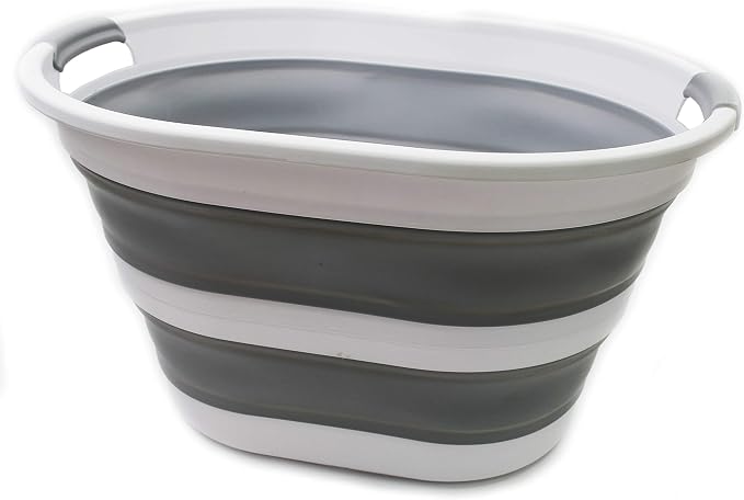 SAMMART 34L (8.98gallon) Collapsible Plastic Laundry Basket-Oval Tub/Basket-Foldable Storage Container/Organizer-Portable Washing Tub-Space Saving,Water Capacity 29L (7.66 Gallon) (1, Grey)