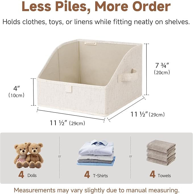 StorageWorks Closet Storage Bins, Trapezoid Organizer Box for Shelves, Fabric Clothes Bin, Foldable Organizing Baskets with Handles, Small, Beige(Cotton-linen), 3-Pack
