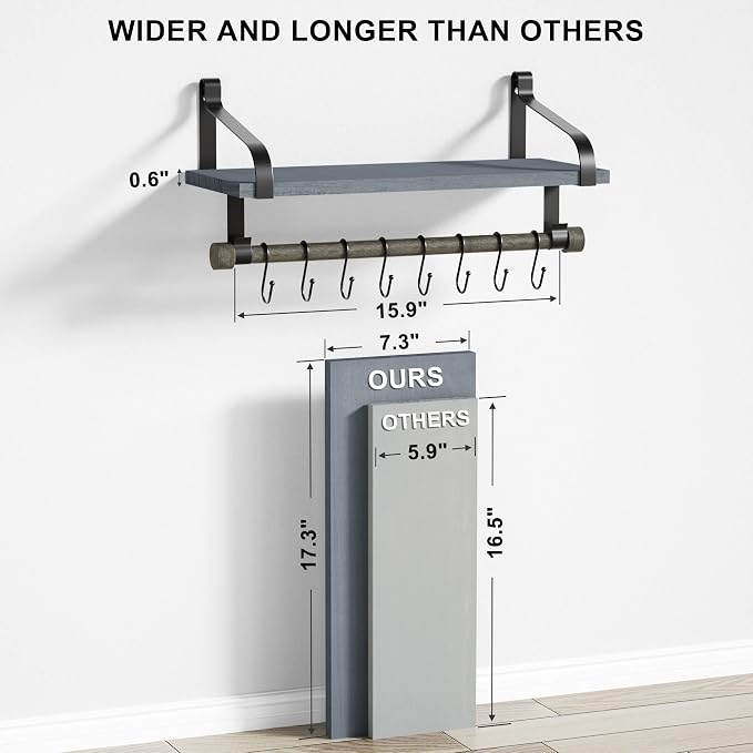 Love-KANKEI 17.3"Floating Wall Shelf Wood/Bracket,Coffee Bar,Weathered Grey | Spice Rack,Towel Bar/8 Hooks,40 Lbs/shelf,Easy to Install,For Kitchen,Bathroom,Living Room,Bedroom,Office,Entryway Display