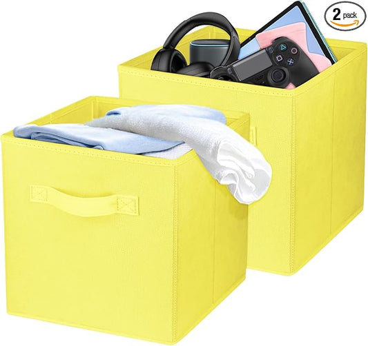 2 Pcs Storage Cubes, 10.5 Inch Collapsible Storage Bins, Fabric Foldable Bins for Organization, Durable Storage Bins for Closet, Shelves, Offices (Yellow)