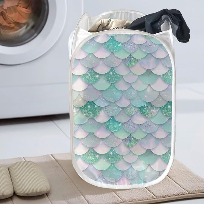 AFPANQZ Strong Mesh Pop-up Laundry Hampers Large Laundry Baskets with Extra Pocket, Green Scale Easy to Open and Fold for Travel Save Place Bathroom Laundry Room Cool Planets 61L