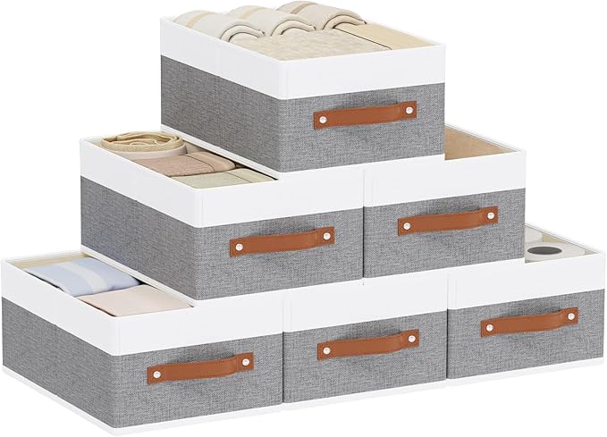 Storage Bins Organizers,13×9.1×5.5In,White/Grey Boxes,6Pack | Clothing Storage Baskets,Fabric Closet Organizer,Foldable Containers with PP Plastic Board,Large Cubes for Clothes,Hat,Books