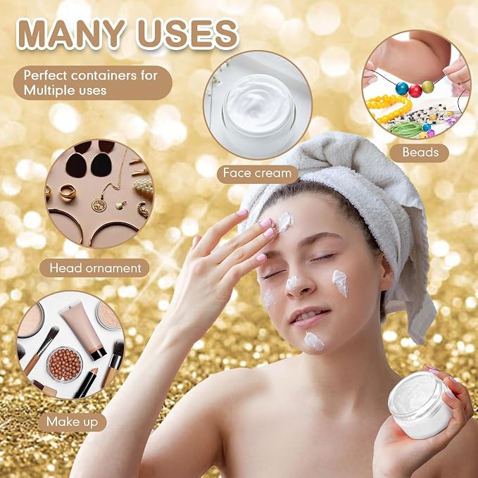 SATINIOR 12 Pack 12 oz Plastic Container Jars with Lids Round Clear Travel Cosmetic Container Slime Jars for Toiletries, Lotion, Cream, Ointments, Makeup, Rhinestone, Samples, Kitchen Storage(Gold)