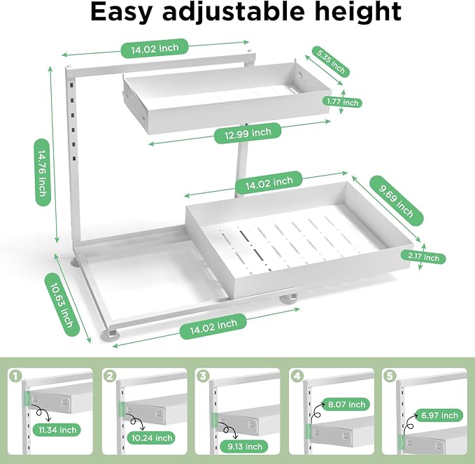 Under Sink Organizer Bathroom Kitchen: 2 Pack 2 Tier Metal Under Cabinet Storage with Height-adjustable Shelf and Pull out Rack for Pantry Vanity Cupboard Counter Countertop, White