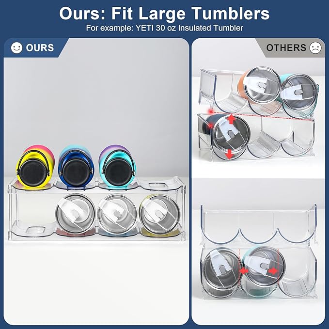 LARGER Compartment - 2 Tier Stackable Water Bottle Organizer Holder - for Stanley 40oz & Others' Large Tumbler - Clear Wine Rack, 8 Cup Bottle Holder for Cabinet Home Countertop Fridge Pantry Shelf