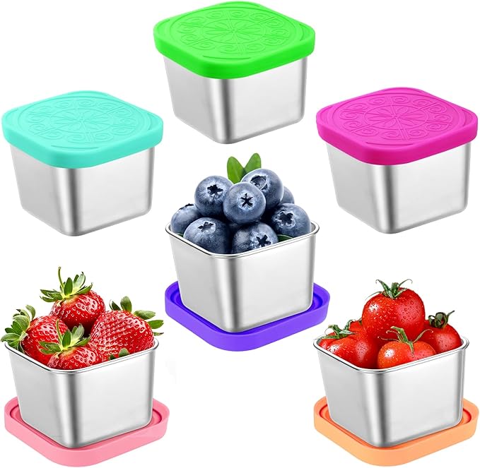 Showvigor 6-Pack Stainless Steel Snack Containers with Lids, 2-Compartment Snackle Box for Adults, 6oz Leakproof Metal Food Storage for Office & Gym, Reusable Portion Control Prep Set