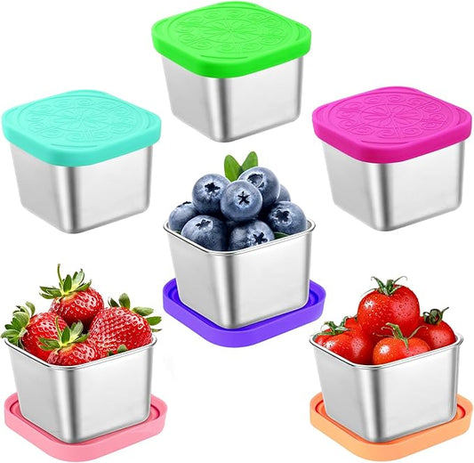 Showvigor 6-Pack Stainless Steel Snack Containers with Lids, 2-Compartment Snackle Box for Adults, 6oz Leakproof Metal Food Storage for Office & Gym, Reusable Portion Control Prep Set