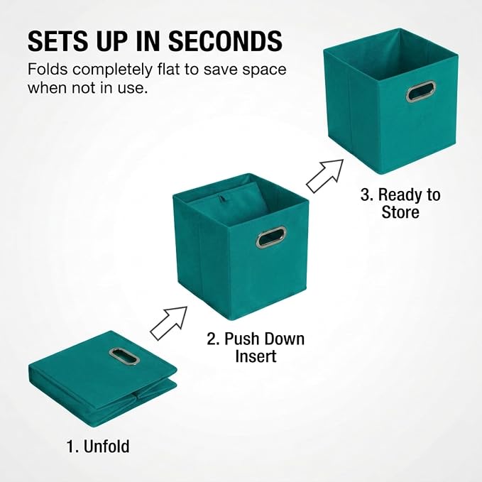 Household Essentials Fabric Storage Bins in Strong Poly‑Woven Fabric, Sturdy Chipboard Sides, Grommet Front Handle, Teal Green, Set of 6