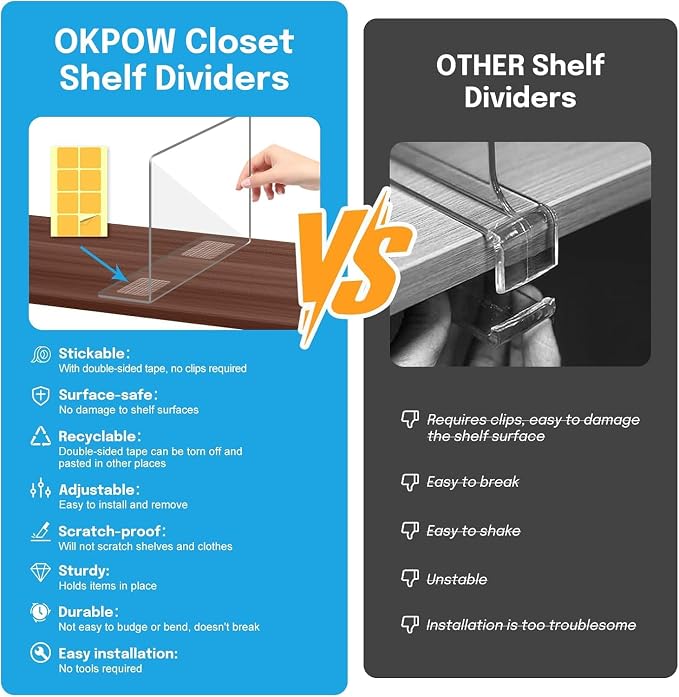 OKPOW Shelf Dividers Closet Organizer - 7.5" Tall X 11.8" Deep Acrylic Clear Sturdy Separate for Clothes Purse - Adjustable Space Saver Easy Install for Home Organization Enthusiasts 4 Pack