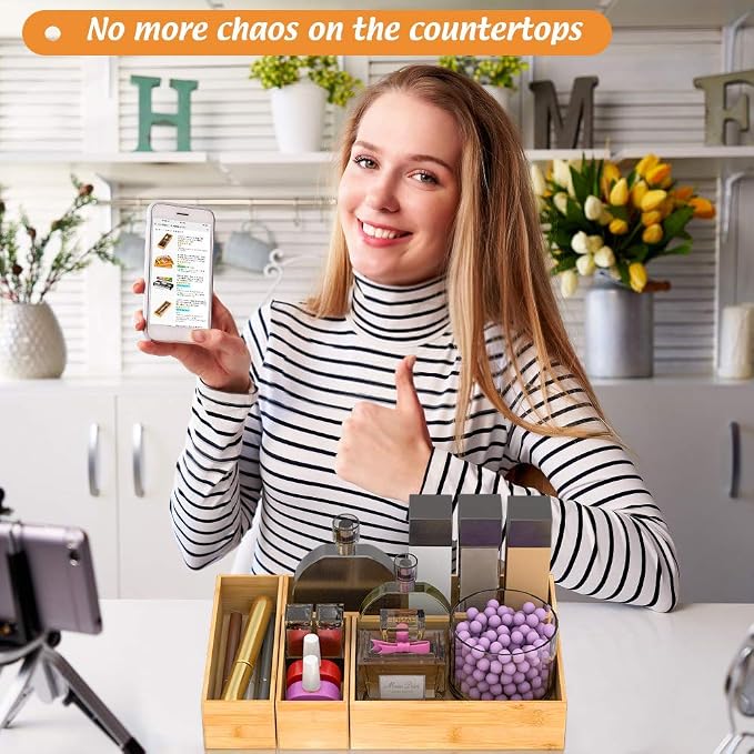 Bamboo Drawer Organizer Utensil Holder for Kitchen, Small Wood Silverware Storage Organizer, Stackable Box Tray for Cutlery, Flatware, Bathroom Caddy for Makeup, Perfume, Jewelry, 6x3x2.5 Inch