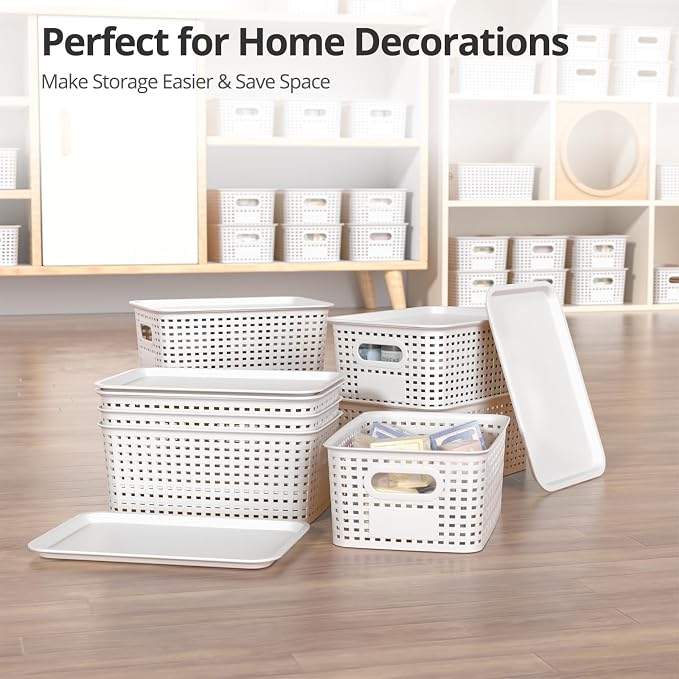 Plastic Storage Basket with Lid, Stackable Small Box Bins for Organizing and Containers for Shelves Drawers Desktop Closet Playroom Pantry Classroom Office Home, 8 Pack 10.2x7.2x4.1 Inch, White