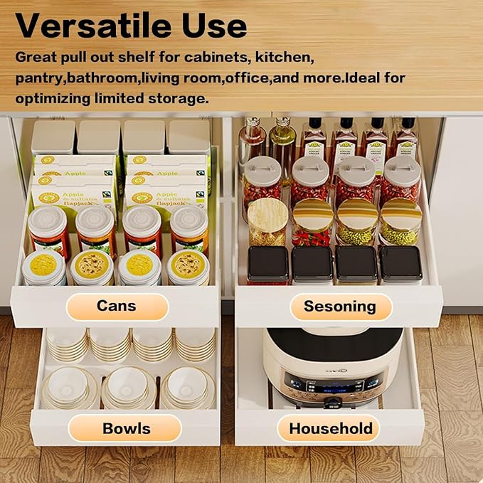 bealy 21'' Deep Cabinet Organizer Adhesive, 10'' Wide Pull Out Cabinet Organizer for Face Frame or Frameless Cabinets, Roll Out Shelves for Kitchen Cabinets, Pantry Shelves, Bathroom, 2 Pack