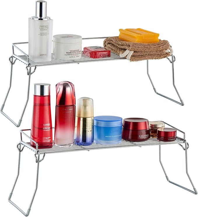 JUNCHU CHERRY Metal The Sink Vanity Organizer 2 Pack, Bathroom or Kitchen Sink Organizer, Feminine Products Organizer (2 Chrome)
