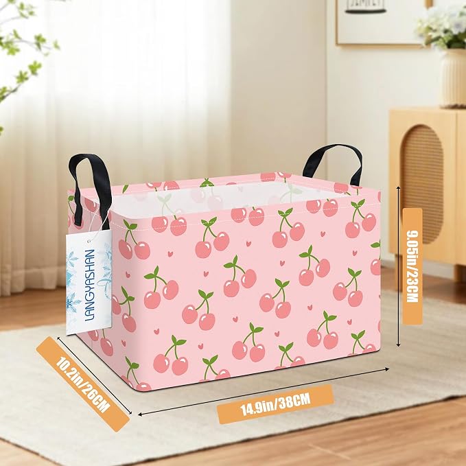 Rectangular Collapsible Pink Cherry Storage Basket Nursery Toy Organizer | Storage Bin Foldable Canvas with Handles for Organizing Home Kitchen Children Toys Office Closet Shelf Baskets