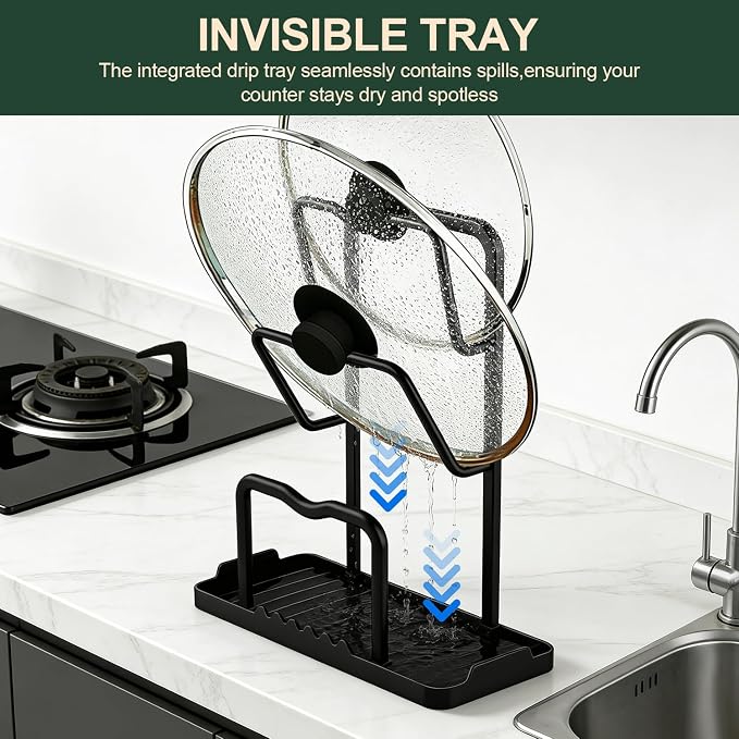Kitchen Pot Lid Storage Rack: Carbon Steel Double Layer Pot Lid Organizer with Tray, Multifunctional Pot Lid Holder While Cooking, Saving Space Organizer Storage for Kitchen Countertop (Black)