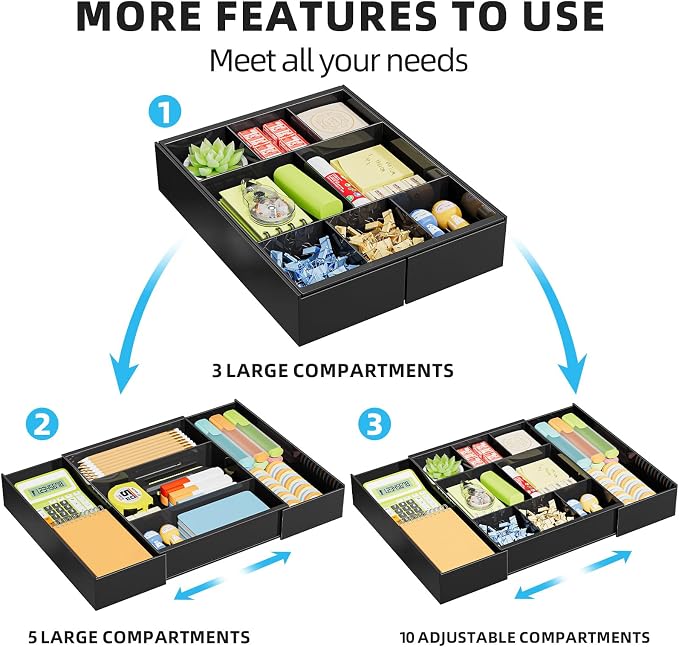 Marbrasse Expandable Desk Drawer Organizer, Clear Plastic Drawer Organizer Tray with 10 Adjustable Compartments, Desk Organizers and Accessories, 5 Drawer Dividers for Office Supplies, Makeup(Black)