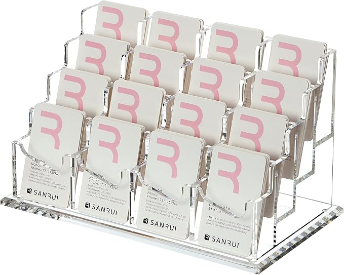 SANRUI Vertical Business Card Holder for Desk,16 Slots 4 Tier Clear Acrylic Business Card Display Stand,Multiple Business Card Desktop Organizer holders for Women and Men,Holds 960 Cards