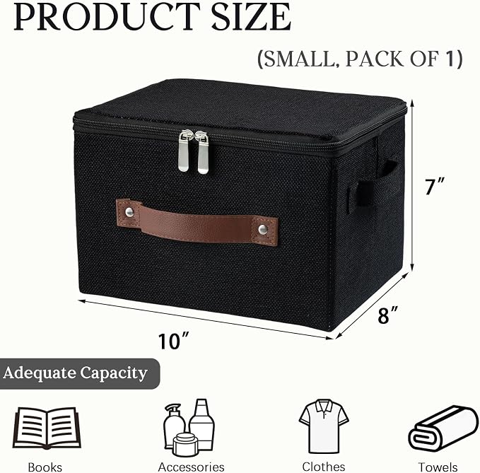 Storage Bins with Zipper Lid Foldable Fabric Lidded Storage Boxes Baskets Cubes Washable Collapsible PU Leather Handle Cotton Linen Fabric Shelf Closet Organizer Container(Black, Small Size)