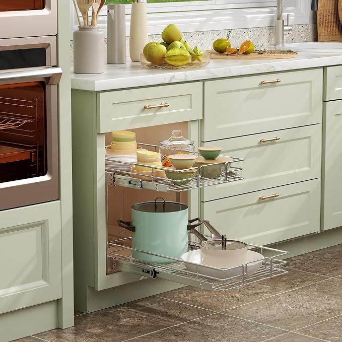 ROOMTEC Pull Out Cabinet Organizer (14" W x 18" D),2 Tier Pull Out Storage Shelf Drawer Basket,Sliding Shelves for Base Cabinet Organization in Kitchen, Bathroom, Pantry