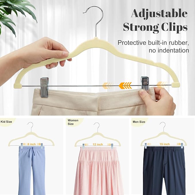 HOUSE DAY Velvet Skirt Hangers 12 Pack, Beige Velvet Pant Hangers with Adjustable Clips, Space Saving Slim Shorts Hanger, Heavy Duty Non Slip Clip Hanger for Pants, Skirts, Shorts