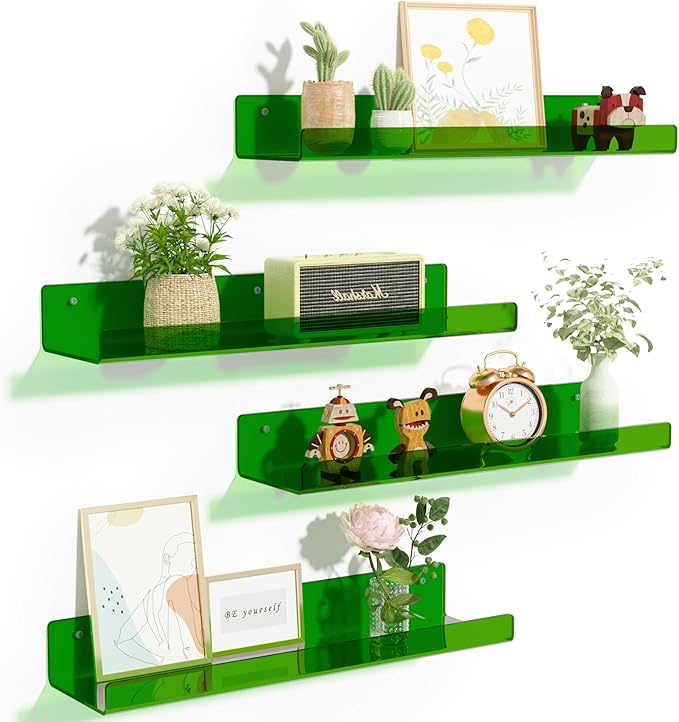 upsimples 4 Pcs 15" Acrylic Shelves for Wall Decor and Display, Green | Cute Floating Shelf for Perfume, Skincare, Nail Polish, Wall Organizer for Bedroom, Living Room, Playroom, Room Décor
