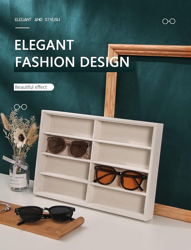 Coward Sunglass Organizer, Beige Velvet Glasses Trays - Eyeglasses Watches Jewelry Display - Men Women (8 Grids)