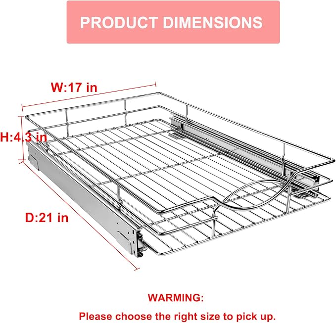 Sikarou Pull Out Cabinet Organizer 17" W x 21" D, Heavy Duty Kitchen Cabinet Pull Out Shelves, Slide Out Wire Basket for Kitchen Cabinets, Bathroom, Pantry, Chrome Finish