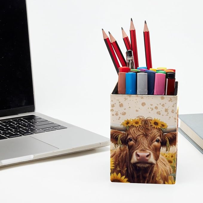 Pen Holder for Desk, Highland Cow Sunflowers Pencil Holder, Pen Cup Functional Desk Organizer for Office Supplies
