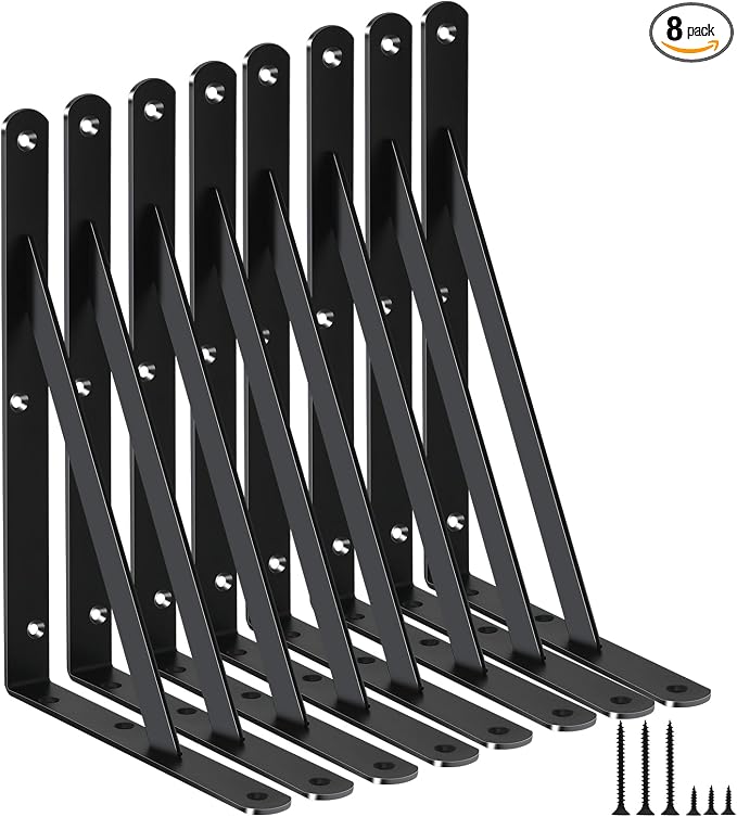8 Pack L11 x H 8" Black Heavy Duty Shelf Brackets with Screws Metal Shelf Brackets Shelf Support Angle Brackets for Shelves L Brackets Heavy Duty Floating Shelf