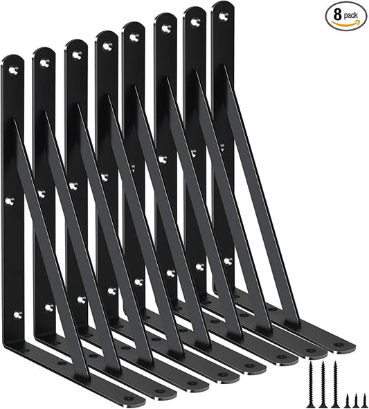 8 Pack L11 x H 8" Black Heavy Duty Shelf Brackets with Screws Metal Shelf Brackets Shelf Support Angle Brackets for Shelves L Brackets Heavy Duty Floating Shelf